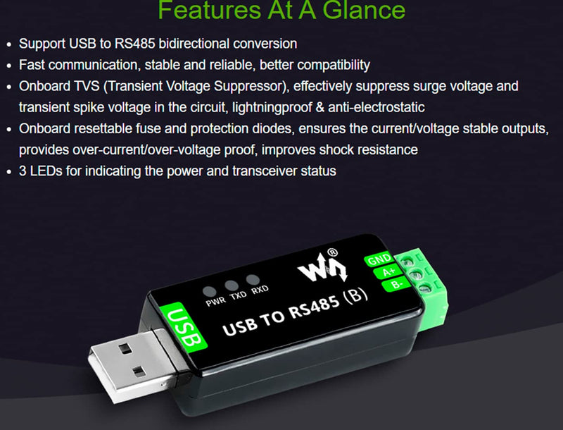 Industrial USB to RS485 Bidirectional Converter Onboard CH343G Chip, Multi-Protection Circuits 300bps-3Mbps Baudrate Support Linux,Android,Wince,Win10/8.1/8/7/XP, Up to 1.2km Transmission Distance