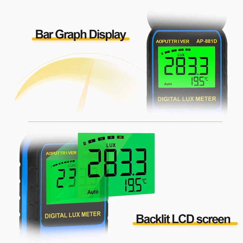 Light Meter AP-881D Digital Illuminance Meter Ambient Temperature Measurer with Range up to 400,000 Lux Luxmeter,Rotatable Head for 270 Degrees,Display 3999,Data Hold,Back Light (Blue) AP881D-Blue