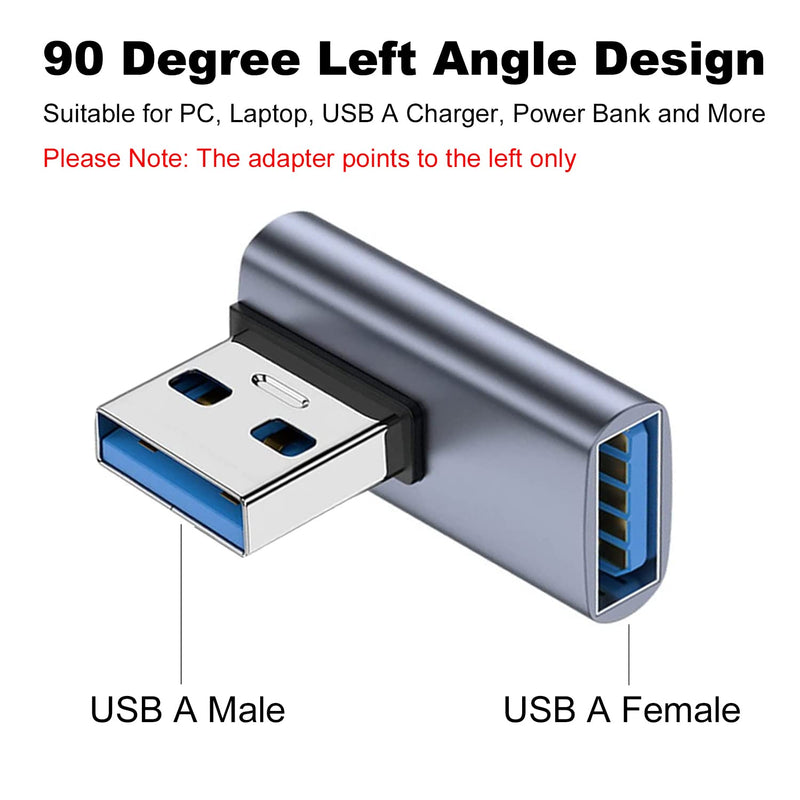 90 Degree USB 3.1 Adapter 2 Pack, AreMe Left Angle USB A Male to Female Converter Extender for PC, Laptop, USB A Charger, Power Bank and More