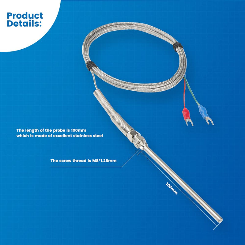 CGELE K-Type Thermocouple Temperature Sensors 0~600℃，2M/6.6Ft Wire Probe Length 100mm Two Wire 100×5mm Stainless Steel Probe Temperature Detector Temperature Gauge… Probe Length 100mm(2M)