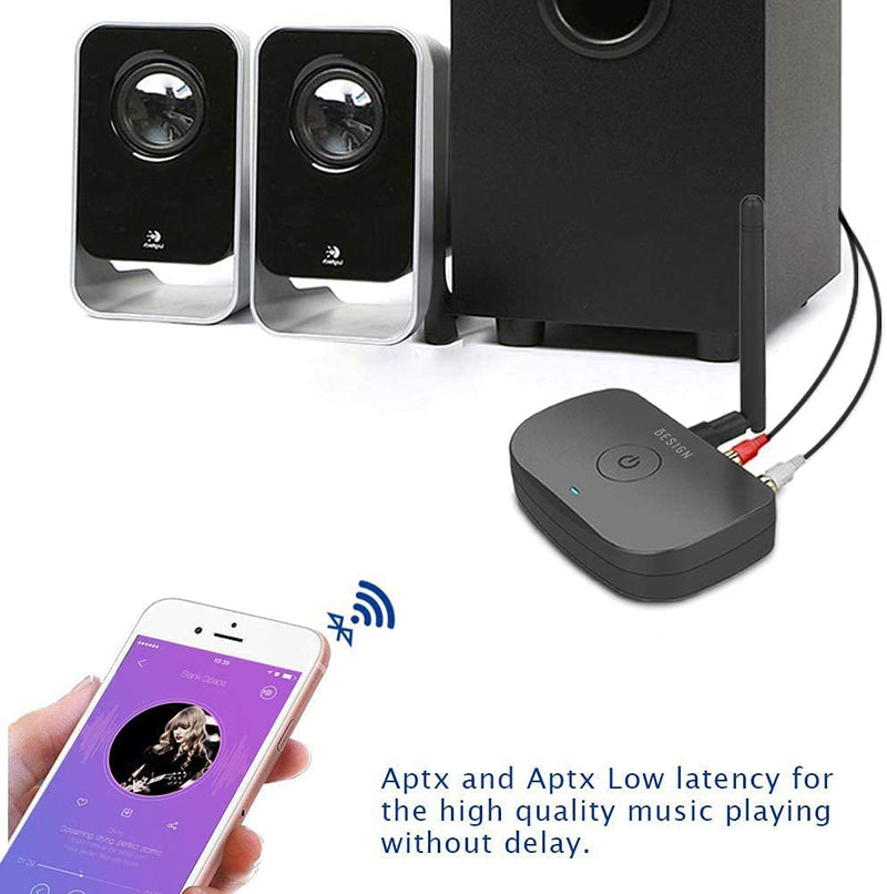 Besign BE-RCA Long Range Bluetooth Audio Adapter, HiFi Wireless Music Receiver, Bluetooth 5.0 Receiver for Wired Speakers or Home Music Streaming Stereo System, Black