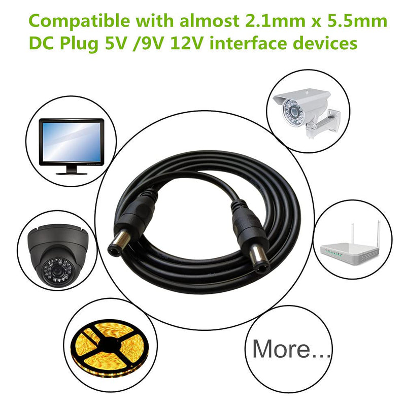 DZYDZR 2pcs 1 Meter 2.1mm x 5.5mm DC 12V Adapter Cable DC Plug Extension Cable Male to Male Black, for LED, CCTV, Car, Monitors, and More (3.3ft)