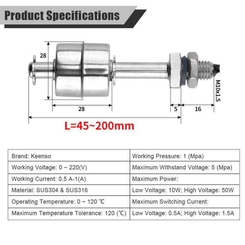 Liquid Level Sensor, AC/DC 0~220V Stainless Steel Liquid Water Level Sensor Liquid Float Switch Tank Vertical Water Level Sensor for Pool Can 100mm