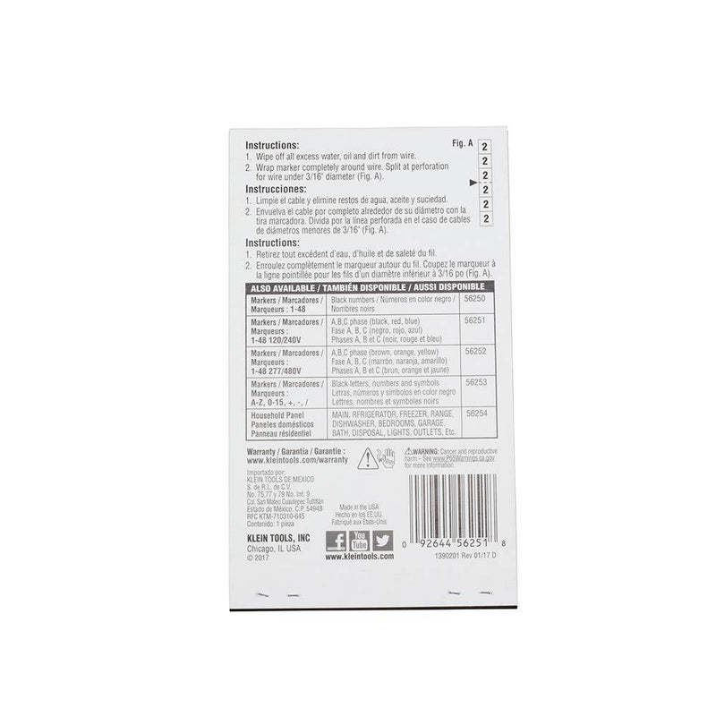 Klein Tools 56251 Wire Marker Book 120/240V 3 Phase 1-48, Black, Blue, Red Printed on White