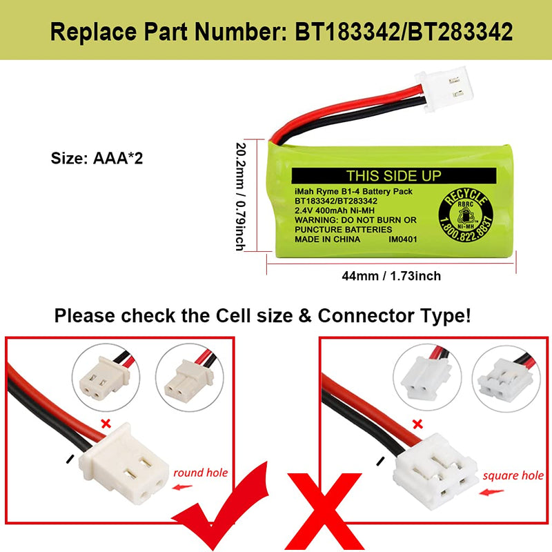 iMah BT183342/BT283342 2.4V 400mAh Ni-MH Battery Pack, Also Compatible with AT&T VTech Cordless Phone Batteries BT166342/BT266342 BT162342/BT262342 2SN-AAA40H-S-X2, Pack of 2