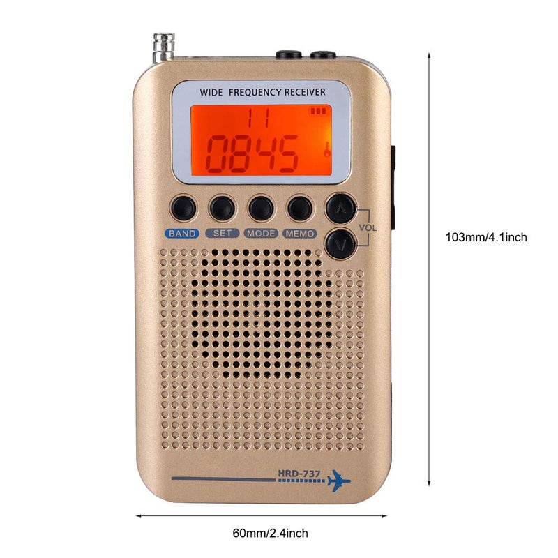 Air Band Radio Receiver AIR FM AM CB SW VHF Full Band Hand-held Aircraft Digital Travel Radio with Extended Antenna Build in Battery Wide Frequency LCD Display with Alarm, Earphones (Brass) Brass