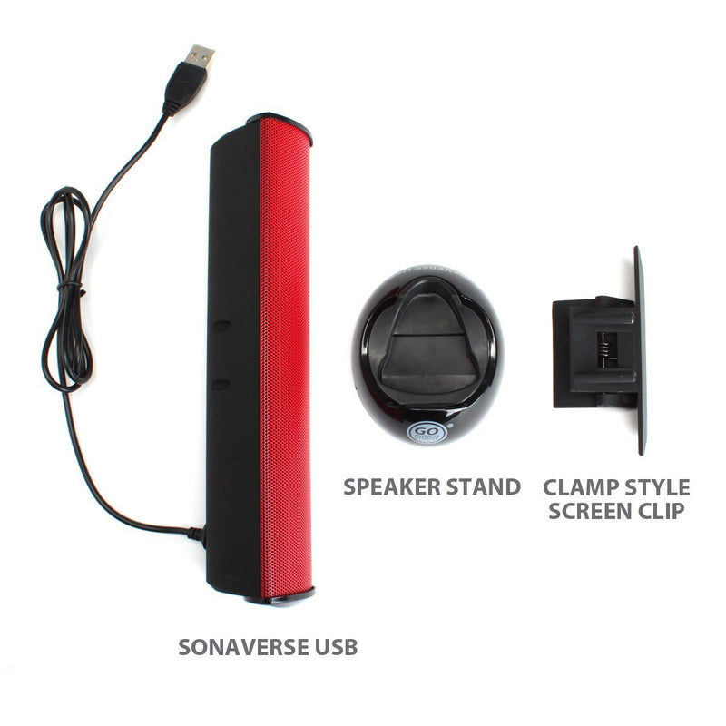 GOgroove SonaVERSE USB Speakers for Laptop Computer - USB Powered Mini Sound Bar with Clip-On Portable External Speaker Design for Monitor, One Cable for Digital Audio Input and Power (Red) Red