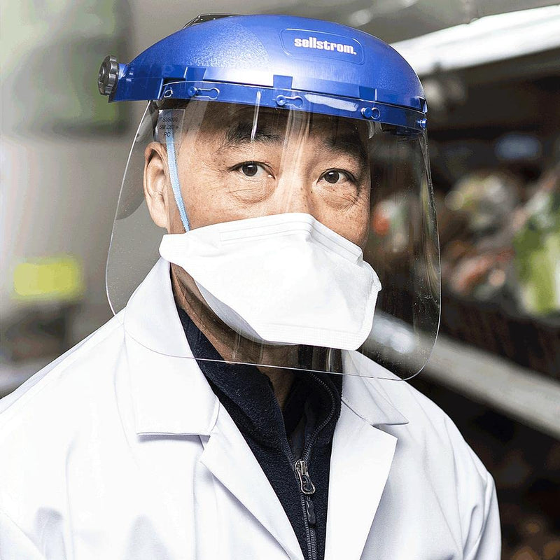 Sellstrom Single Crown Safety Face Shield with Ratchet Headgear, Clear Tint, Uncoated, Blue, 8" x 12" x .040, S39110 8" x 12" x .040" Ratcheting Suspension, Clear Tint, Uncoated