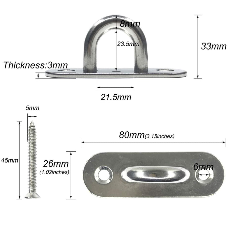 TERMATH 4 Pcs Stainless Steel Pad Eye Plate U Hook , 3.15 inch Ceiling Hook Ring Hooks Screw Eyes Hooks , Marine Hardware Staple Hook Loop with 5 x 45mm Screws