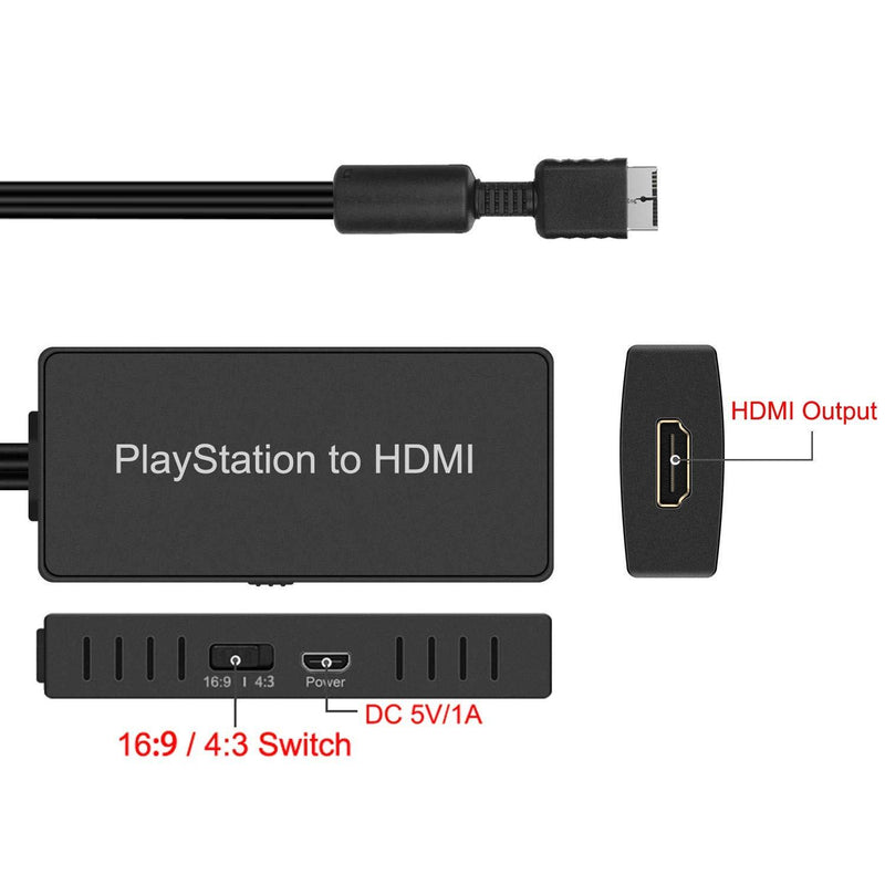PS2 to HDMI Adapter PS2 HDMI Cable PS2 to HDMI Converter Support 4:3/16:9 Screen aspect ratio switch. Works for Playstation 1/Playstation 2 HD Link Cable. Playstation 1 Adapter Sony PS2 HDMI Converter