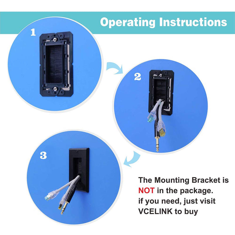 VCE 2-Pack Single Brush Wall Plate Cable Pass Through Insert for Wires, Single Gang Cable Access Strap, Wall Socket for HDTV, Home Theater Systems - Black
