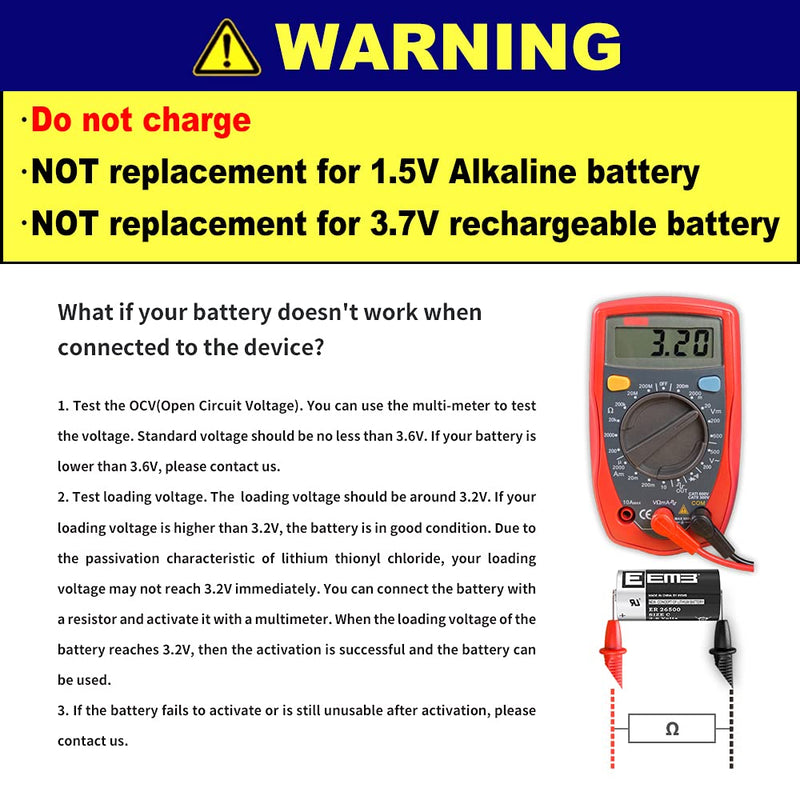 EEMB 3.6V C Size ER26500 Lithium Battery 9000 mAh UL Certified Li-SOCL₂ Batteries for Electric Door Sensor- Single Use 1