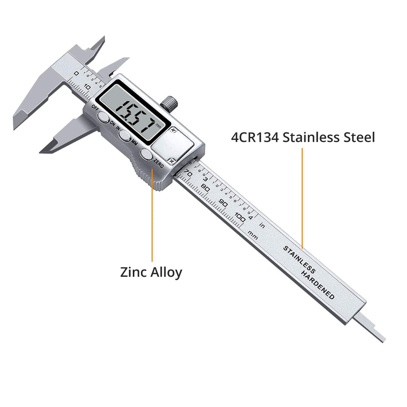 Neoteck Vernier Caliper Digital Stainless Steel 100mm with LCD, Inch/Metric Conversion, Caliper Measuring Tool for Length Width Depth Inner Diameter Outer Diameter