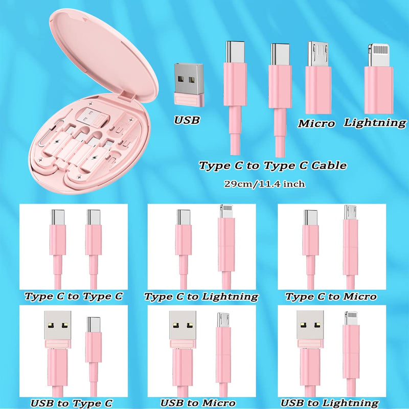 Multi USB Charging Adapter Cable Kit, USB C to Lighting Adapter Box, Conversion Set USB A & Type C to Male Micro/Type C/Lightning, Data Transfer, Card Storage, Tray Eject Pin, Phone Holder (Pink) pink