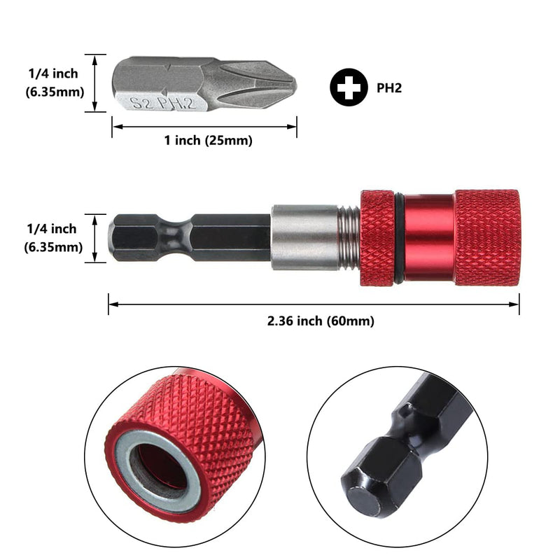 SeonFook 2 PCS Magnetic Bit Holder with Phillips PH2 Screwdriver Bits, 1/4 Inch Hex Shank Driver Bits Adjustable Depth Screw Holder Drywall Screw Bits Setter Dimpler [60mm]