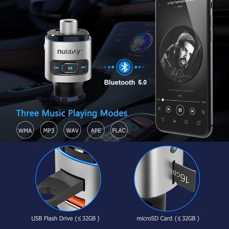 Nulaxy Bluetooth FM Transmitter for Car, 7 Color LED Backlit Bluetooth Car Adapter with QC3.0 Charging, Support Siri Google Assistant, USB Flash Drive, microSD Card, Handsfree Car Kit (A- Silver) A- Silver