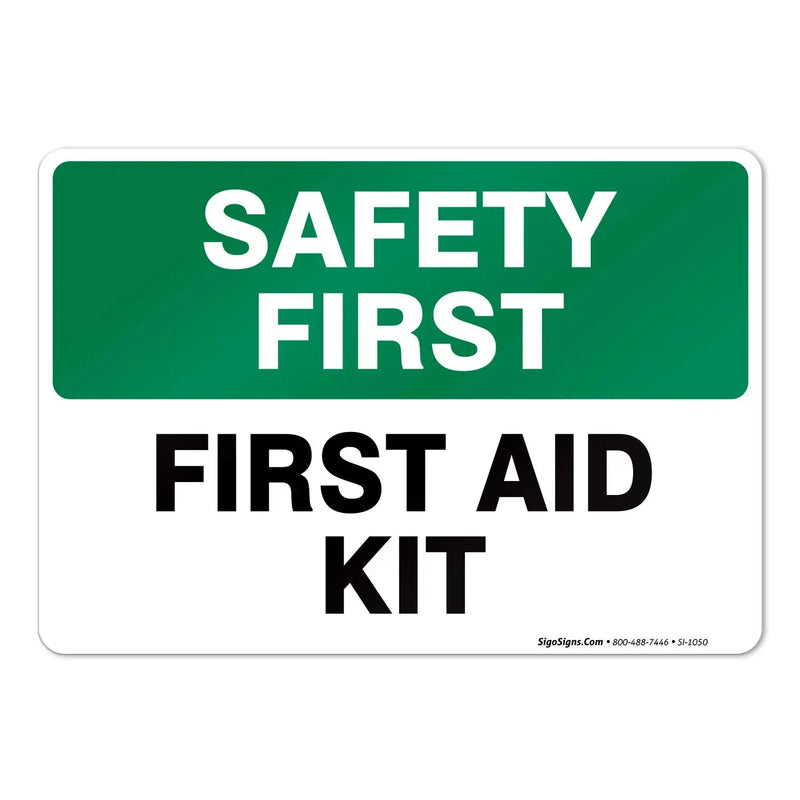 (2 Pack) First Aid Kit Sign, Safety First, 10x7 4 Mil Vinyl Self Adhesive Decal Stickers, Long Lasting, Weatherproof and UV Protected, Made in USA by Sigo Signs Vinyl Sticker