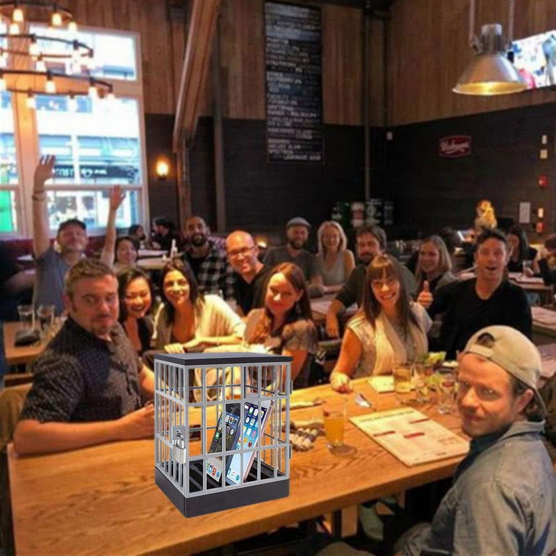 Mobile Phone Jail Cell Phones Prison Lock Up Safe Smartphone Stand Holders Classroom Home Table Office Storage Gadget -Family Time, Party Fun Novelty Gift Idea Grey + black