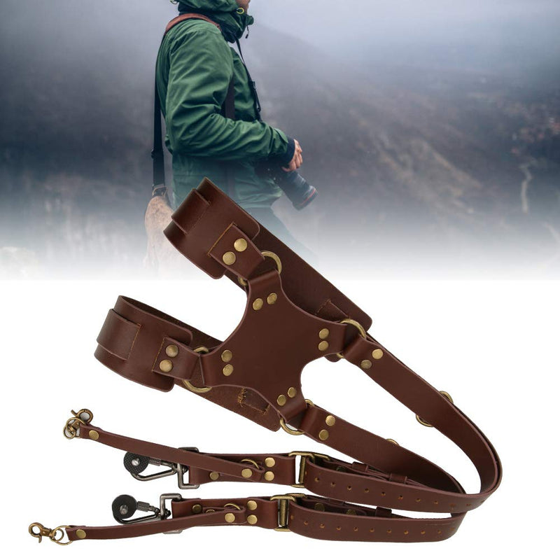 Qiilu Leather Camera Strap Adjustable Dual Leather Rivet Double Shoulder Digital Camera Shoulder Strap Harness Accessory