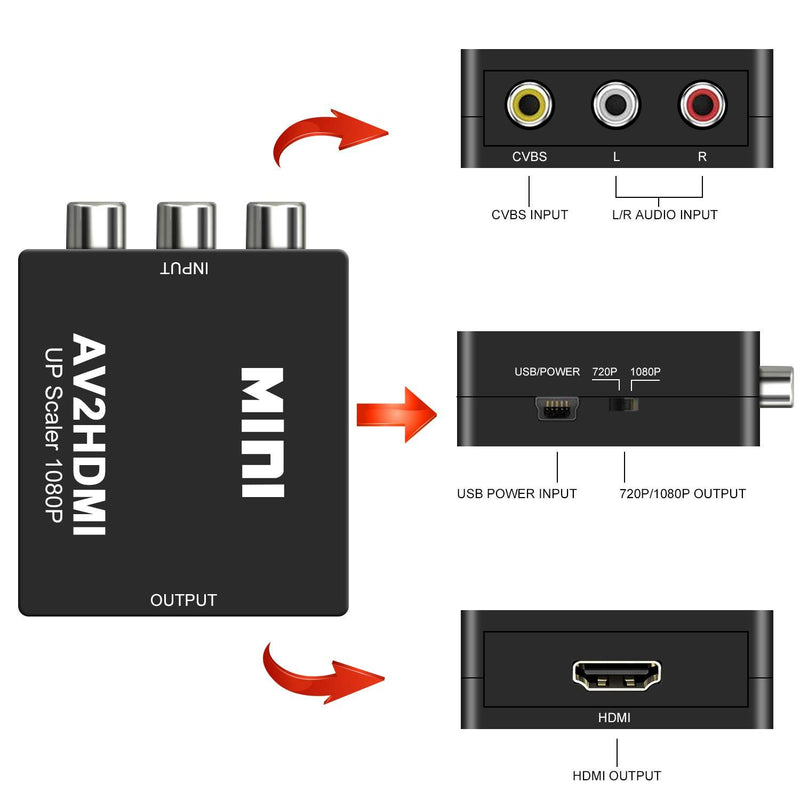 RCA to HDMI, AV to HDMI Converter, DIGITNOW 1080P Mini RCA Composite CVBS AV to HDMI Video Audio Converter Adapter Supporting PAL/NTSC for PC/ Laptop /Xbox /PS4 /TV /STB /VHS /VCR /Blue-Ray RCA to HDMI