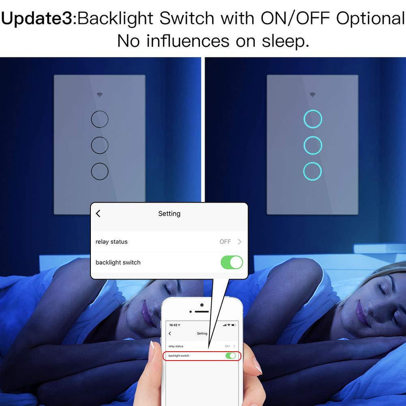 MoesGo 2nd Generation WiFi RF433 Smart Touch Wall Single Fire Smart Switch，No Neutral Wire Needed Compatible with Smart Life/Tuya App, Works with Alexa and Google Home Single Pole 110V White 3 Gang 3 Gang White(No neutral wire required)
