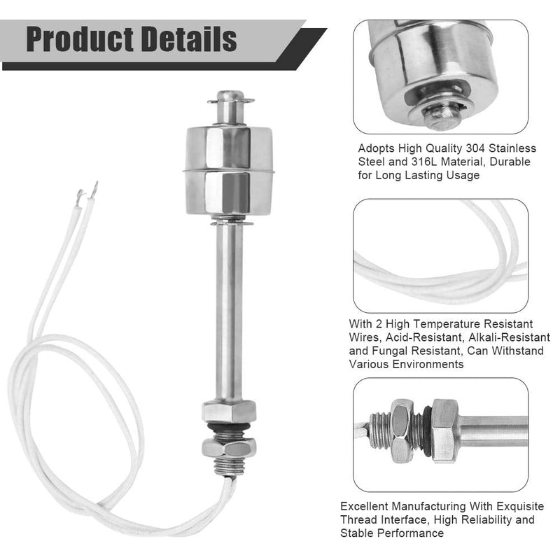 Liquid Level Sensor, AC/DC 0~220V Stainless Steel Liquid Water Level Sensor Liquid Float Switch Tank Vertical Water Level Sensor for Pool Can 100mm