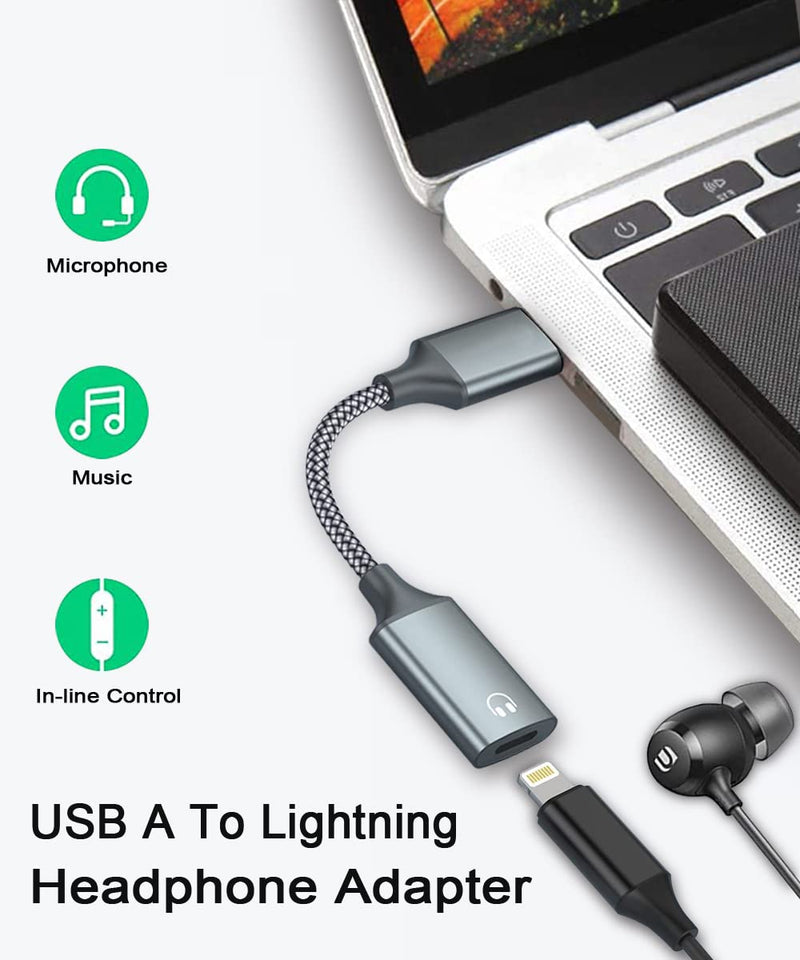 USB A to Lightning Audio Adapter Cable USB 3.0 Male to Lightning Female HiFi Audio Headphones Converter Fit with USB A MacBook Computer PC Support Volume Control Mic Nylon Braided Grey