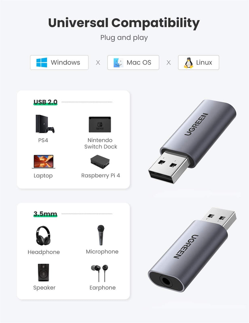 UGREEN USB External Sound Card Audio Adapter 2 in 1 USB to 3.5mm Jack Audio Adapter Aluminum Stereo Sound Card for Windows Mac PS5 Linux PC Laptops Desktops