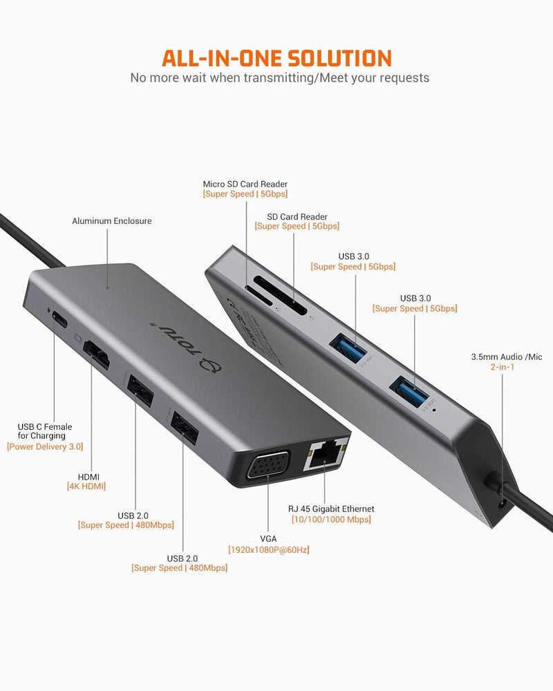 USB C Hub, Type C Hub, TOTU 11-in-1 Adapter with Ethernet, 4K USB C to HDMI, VGA, 2 USB3.0 2 USB2.0, Micro SD/TF Card Reader, Mic/Audio, USB-C PD 3.0, Compatible for Mac Pro and Other Type C Laptops