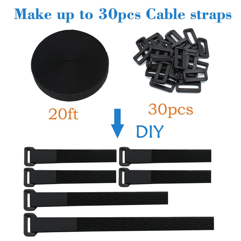 1" x20FT Hook and Loop Straps by YiwerDer, with 30 Plastic Buckles, Adjustable Fastening Cable Straps, Cut-to-Length Cinch Strap, Reusable Nylon Securing Cord Ties for Organizer or Storage - Black 1"X20FT Straps