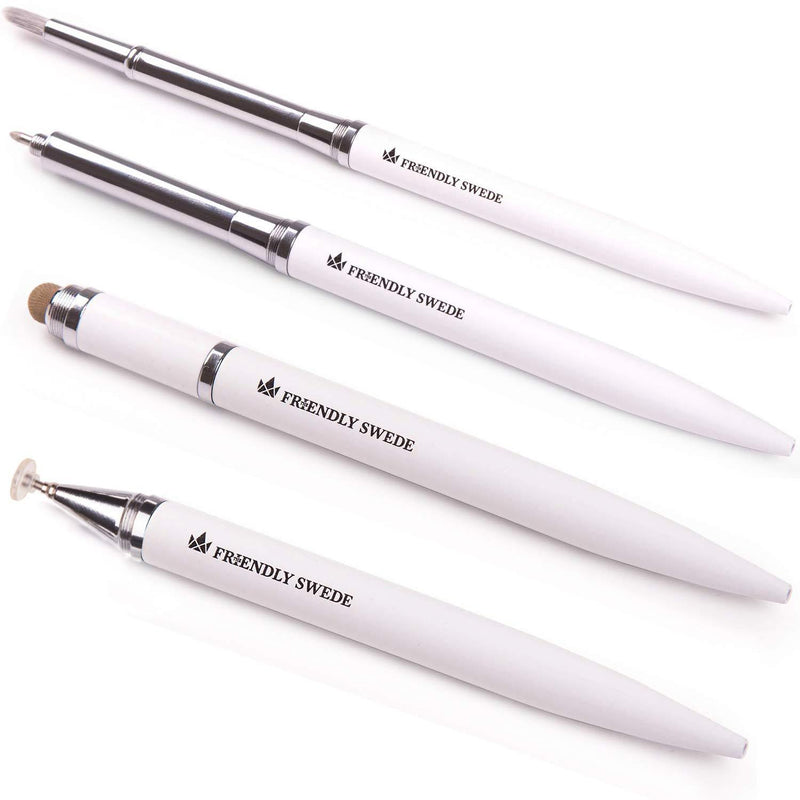 Capacitive 4-in-1 Stylus Pen with Replaceable Brush, Fiber Tip, Precision Disc + Ballpoint Pen in Box, by The Friendly Swede (White) White