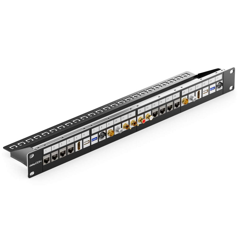 deleyCON 24 port patch panel patch field modular for Keystone modules 1 U 19" inch rack installation compatible CAT5 CAT6 CAT7 CAT8 LAN network installation cable black