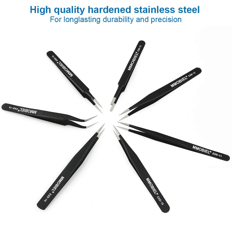 MMOBIEL 7x Precision Tweezers Set - Anti-Static Stainless Steel ESD Tweezers - For Electronics, Laboratory Work, Jewelry, Craft, Soldering and more