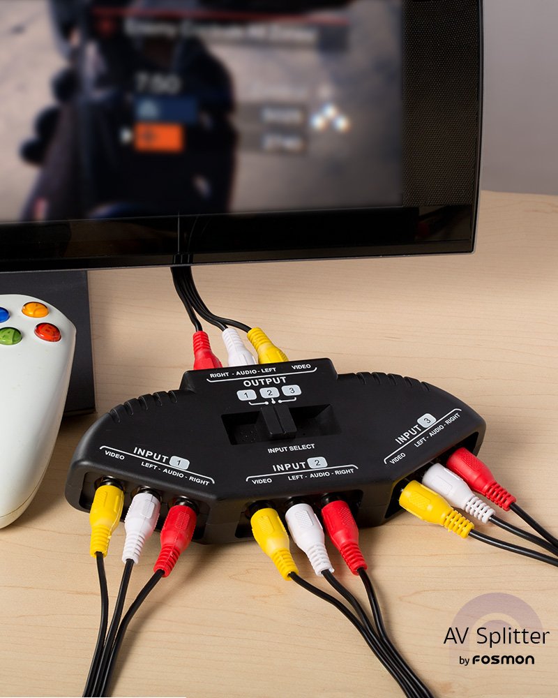 Fosmon A1602 RCA Splitter with 3-Way Audio, Video RCA Switch Box + RCA Cable for Connecting 3 RCA Output Devices to Your TV