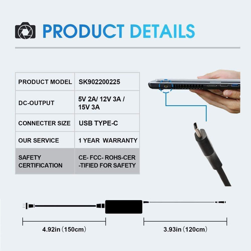 45W USB/Type C Laptop Charger Ac Adapter for HP Chromebook 14-ca051wm 14-ca052wm 14-ca061dx 11-ae051wm 11-ae001tu 11-ae027nr 844205-850 10-p010nr 12-c012dx 12-f014dx