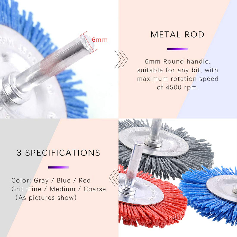 Swpeet 3 pieces 3" 75mm nylon filament abrasive wire cup brush kit with 1/4 inch shaft, including fine medium coarse grit perfect for removing rust, corrosion, S665, round wheel brush