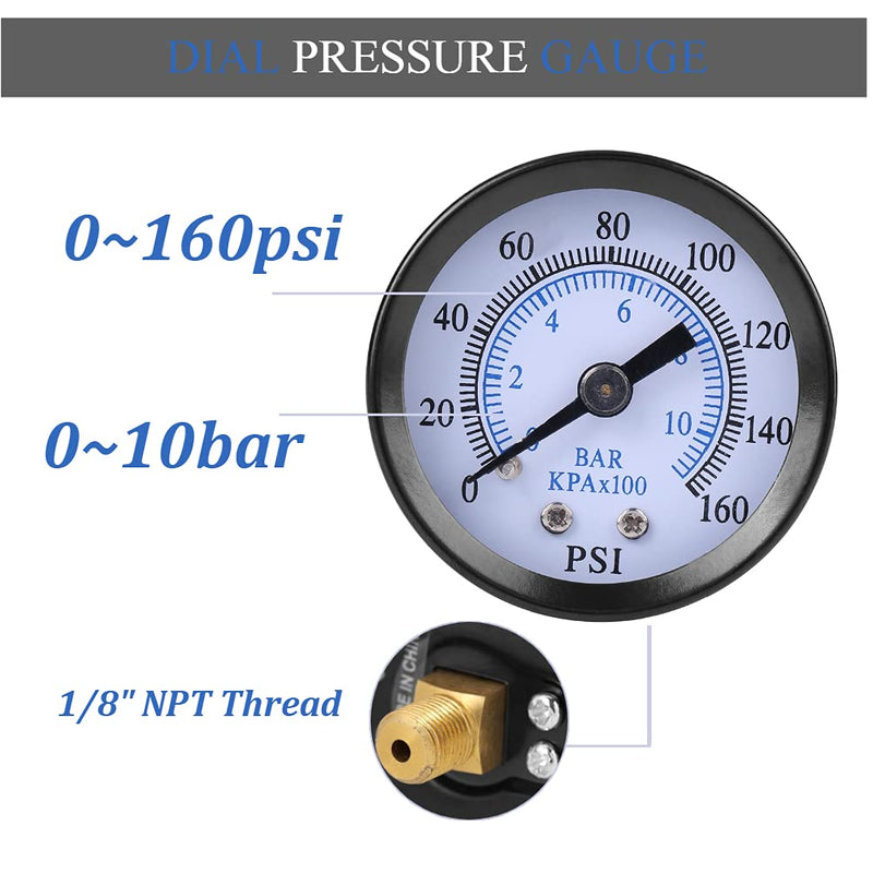 Manometer, 1/8" NTP Pressure Gauge Mini Pressure Gauge for Fuel Air Oil Water 0-160 psi / 0-10 bar 1/8 inch NPT thread