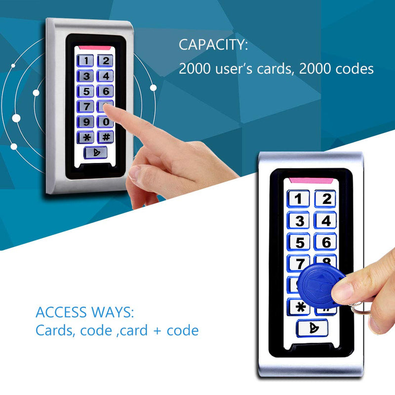 AMOCAM Door Access Control System Stand-Alone Password Keypad + 5PCS Proximity Keychains, Support 2000 Users Card Reader, Waterproof, Backlight, Zinc Alloy Metal Case