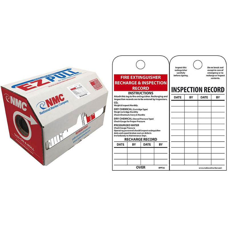 NMC RPT26ST100 EZ Pull Tags By The Roll "Fire Extinguisher Recharge & Inspection Record Instructions Tag", 6" Height x 3" Width (100 Tags) 100 Tags