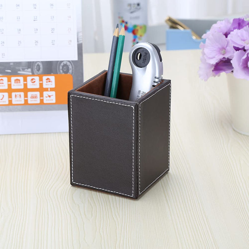 KINGFOM PU Leather Square Pens Pencils Holder Cup Desktop Stationery Organizer Case Office Accessories Container Box Brown Brown-S