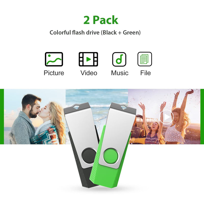 Aiibe 128GB Flash Drive 2 Pack 128GB USB Flash Drive Thumb Drive Zip Drive USB 2.0 Memory Stick USB Drive with Keychain (128G, 2 Colors: Black Green)