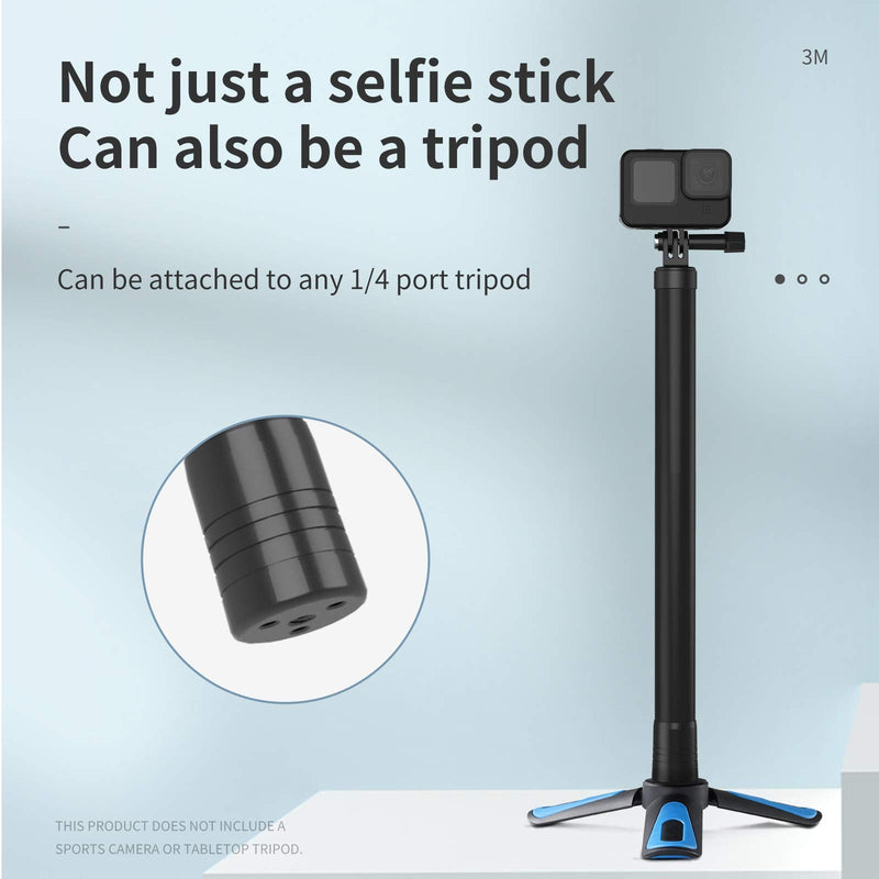 TELESIN 118"/3 Meters Ultra Long Selfie Stick for GoPro Max Hero 10 9 8 7 6 5 4 3+, Insta 360 One R One X, DJI Osmo Action, Extendable at 6 Lengths Carbon Fiber Lightweight Pole Monopod