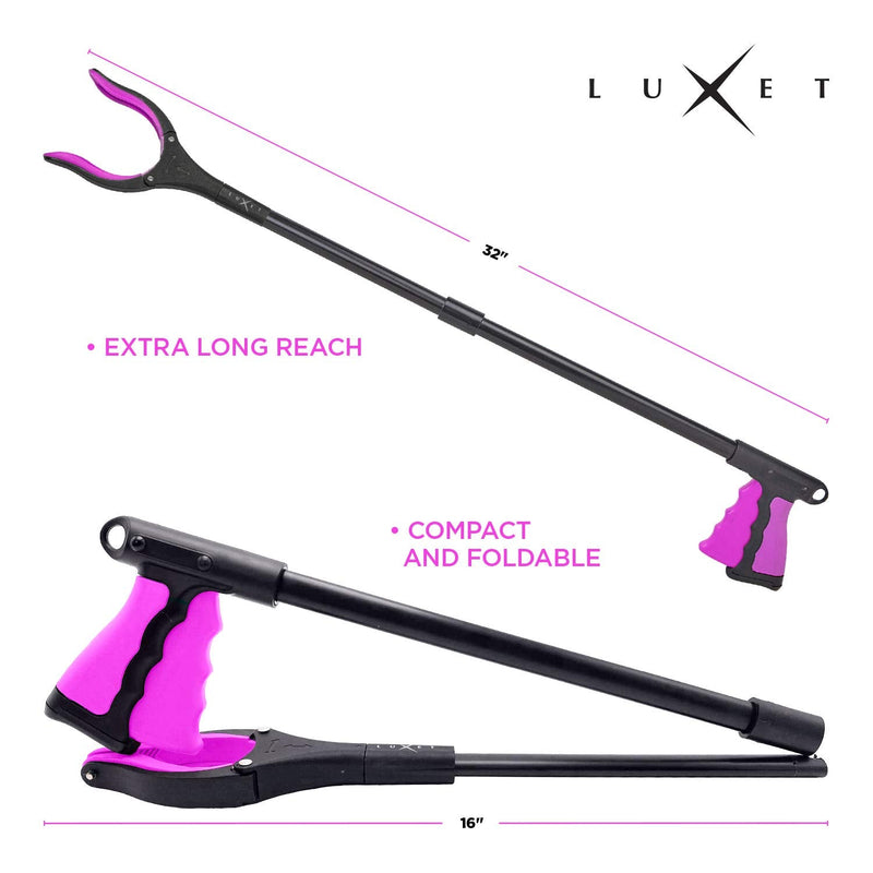 Grabber Reacher Tool - Long 32 Inch (Pink) Aluminum Foldable Pick Up Stick - Strong Grip Magnetic Tip for Store Shelves, Lightweight Trash Picker Claw Reacher Grabber Tool for Elderly - by Luxet Pink