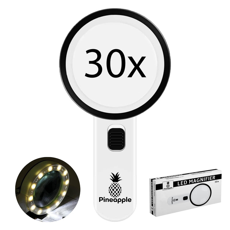 Pineapple LLC Magnifying Glass with Light, 30X Handheld Large Magnifying Glass, Lighted Magnifier with 12 LED Lights for Reading, Macular Degeneration, Seniors, Gifts for Elderly, White