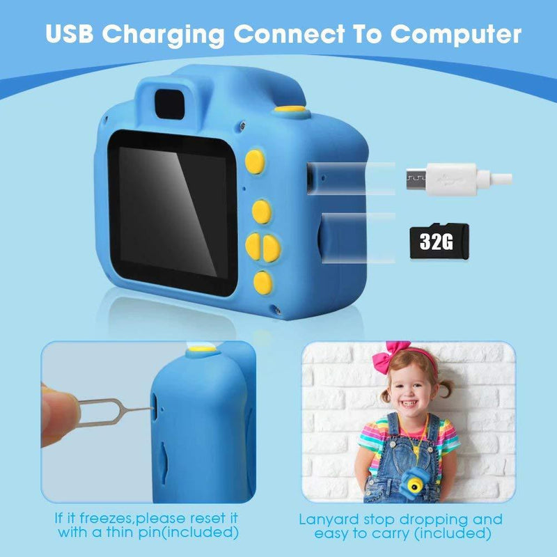 Desuccus Kids Camera Video Digital Camera for Kids Birthday Gifts for Boys and Girls Kids Toys 3-8 Year Old Toddler Video Record Camera 5 Puzzle Games 32GB SD Card (Blue) Blue