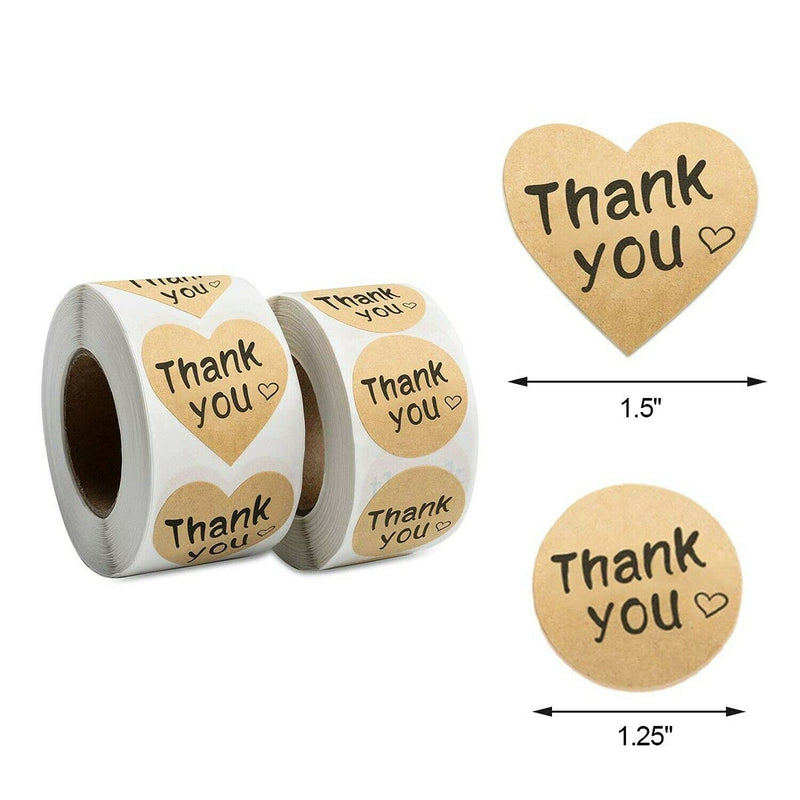 Immuson 1000 pcs Thank You Stickers, 1000 pcs Kraft Heart Shape and Round Adhesive Labels Sticker for Gift, Wedding, Party