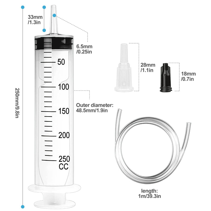 Large Syringe 250ml, Plastic Syringe Reusable Liquid Syringe with Hose and Stopper and Dredging Hose for Laboratory, Industry, Garden and Pet Feeding