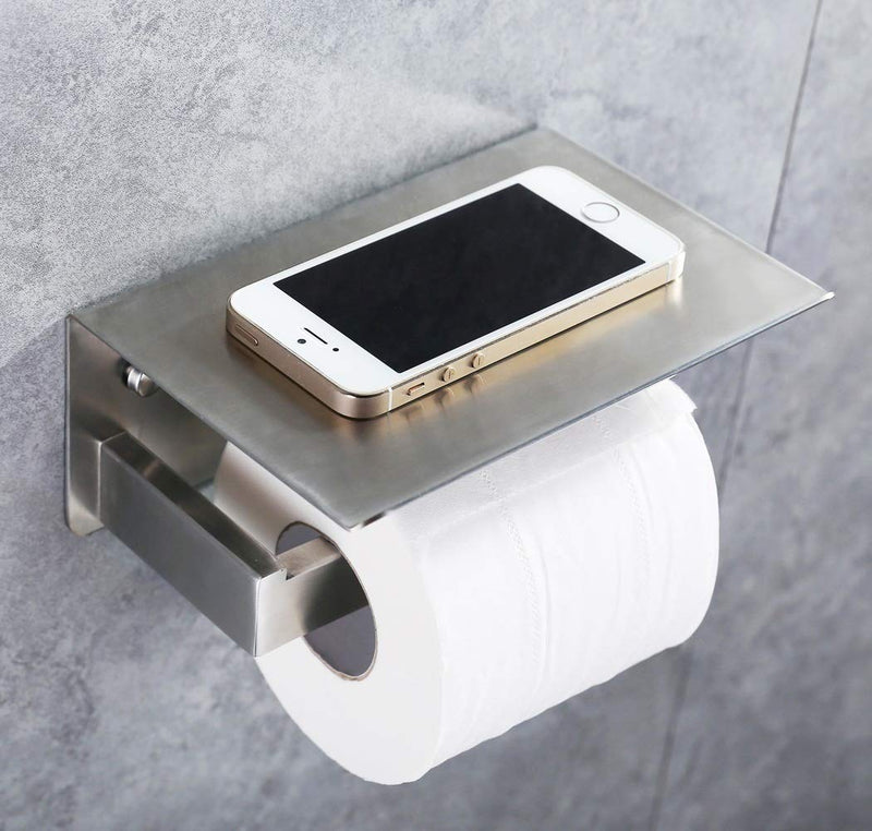Toilet Paper Holder with Phone Shelf Brushed Nickel, APLusee Bathroom Accessories SUS 304 Stainless Steel Tissue Roll Dispenser Storage Wall Mounted