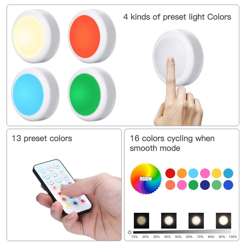 Puck Lights, 16 Colors Changeable LED Puck lightings Battery Powered dimmable Under Cabinet Lights Wireless Under Counter Lights Mini Night Light, with 2 Remote Controls & Timing Function 6 Pack No Battery