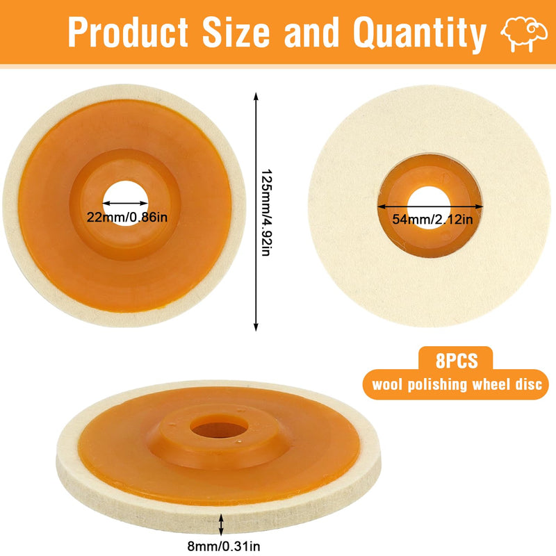 Pack of 8 wool polishing attachments, angle grinder polishing discs, 125 mm, buffing disc, angle grinder, round flex polishing discs for drills, angle grinders, grinding tools